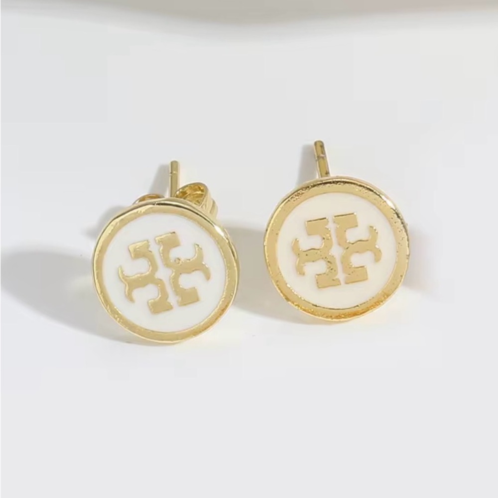 Tory Burch Inspired White and Gold Logo Earrings